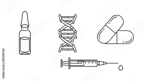 Scientific and medical line icons including an ampoule dna helix pills and a syringe are ideal for healthcare and research projects.