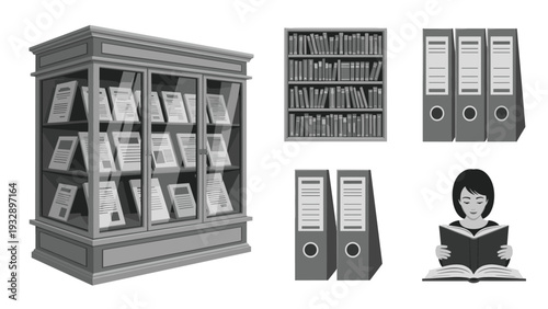 Professional grayscale library and office icons featuring a bookcase stacked binders and a person reading a book for organization.