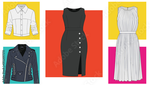 Elegant women fashion items including a blouse leather jacket and stylish dresses are shown against colorful geometric backgrounds.