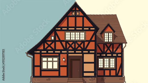 Traditional european half-timbered house with a steep roof and orange walls is presented in a flat architectural style against a two-tone background.