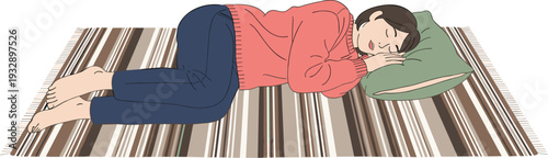 Woman sleeping on floor with pillow resting peaceful relaxation and healthy sleep concept vector illustration