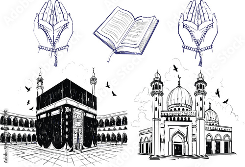 Islamic worship and holy places line art vector illustration featuring Kaaba, mosque, praying hands, and Quran for Ramadan, Eid, and religious education designs