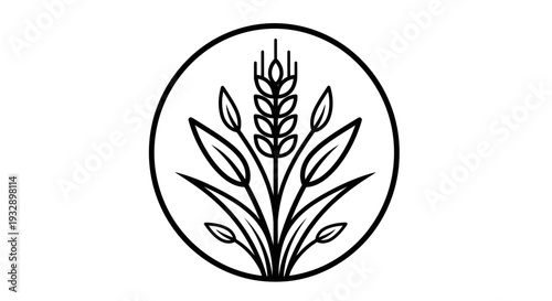 Stylized Wheat Stalks in a Circle Emblem Representing Agriculture and Harvest on Isolated White Background