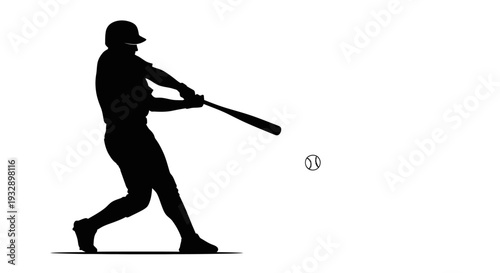 Dynamic Baseball Player Silhouette Swinging Bat and Hitting Ball on Isolated White Background