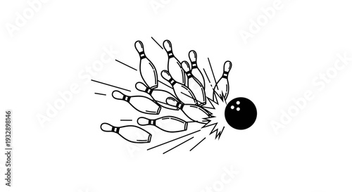 Bowling Ball Striking Pins Dynamically with Speed Lines Outline, Isolated White Background