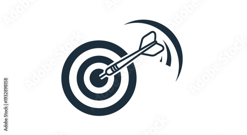 Dart Hitting Bullseye Target Outline, Isolated White Background