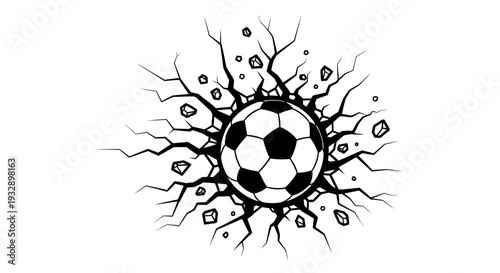 Soccer Ball Breaking Ground with Cracks Outline, Isolated White Background