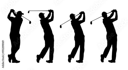 Four Golfer Silhouettes During Swing Sequence, Isolated White Background