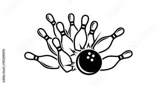 Bowling Ball Striking Pins with Explosion Effect Outline, Isolated White Background