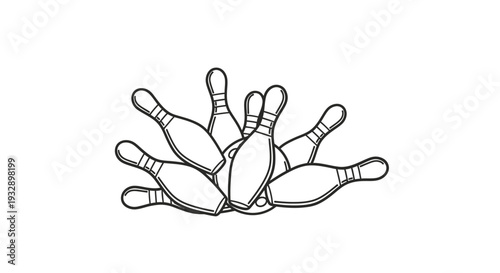 Scattered Bowling Pins Outline, Isolated White Background