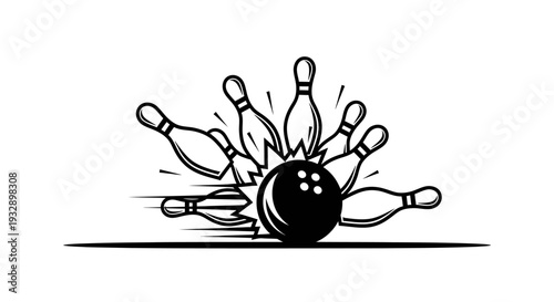 Classic Bowling Ball Striking Pins Illustration on Isolated White Background