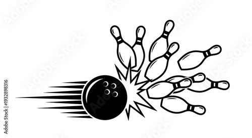 Dynamic Bowling Ball Striking Pins Black and White Illustration on Isolated White Background
