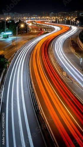 High-Speed Highway at Night: An awe-inspiring perspective of a multi-lane highway at night, showcasing the trails of light from speeding vehicles and illuminating the city's dynamic energy. 