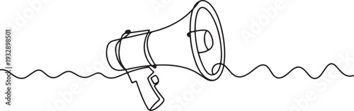 Continuous line drawing of a hand holding a megaphone with sound waves coming out.megaphone, loudspeaker, announcement, marketing, promotion, speaker, communication, broadcast, message, advertising