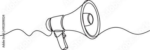 Continuous line drawing of a hand holding a megaphone with sound waves coming  loudspeaker, announcement, marketing, promotion, speaker, communication, broadcast, message, advertising