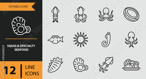 Specialty Squid and Exotic Marine Seafood Outline Icon Set