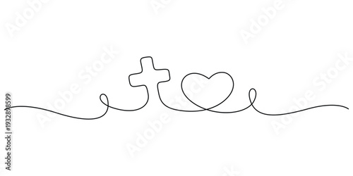 Minimalist continuous line drawing of a Christian cross seamlessly blended with a heart shape, symbolizing faith and love.