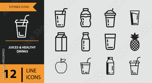 Fresh Fruit Juices and Healthy Organic Drink Outline Icons