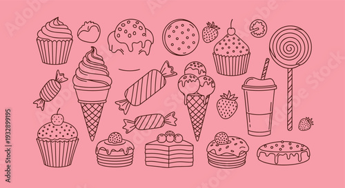 A delightful collection of hand-drawn sweet treats including cupcakes ice cream cones and lollipops on a pink background