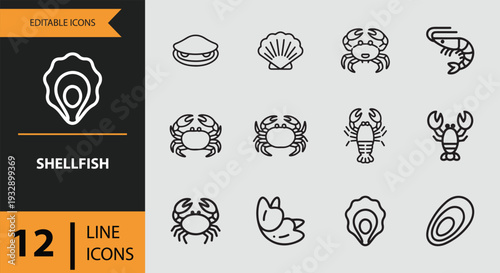 Gourmet Shellfish Lobster and Crab Seafood Outline Icon Set
