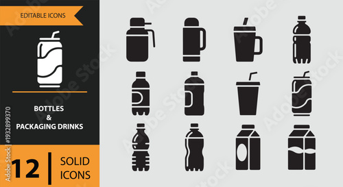 Professional Beverage Bottles and Liquid Packaging Solid Icon Set