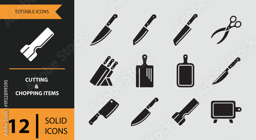 Essential Kitchen Cutting Tools and Chopping Board Solid Icons