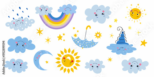 Cute cartoon weather elements including rainbow sun clouds and umbrella