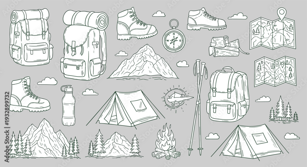 Fototapeta premium Camping and hiking adventure gear collection with mountains tents compass boots and backpack for outdoor exploration and travel