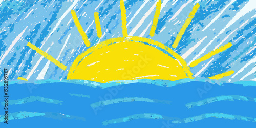 A vibrant crayon drawing depicts a bright sun over rolling waves