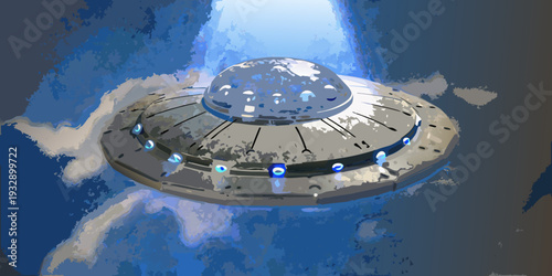 A metallic ufo spacecraft descends from a cloudy blue sky