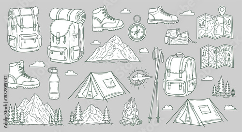 Camping and hiking adventure gear collection with mountains tents compass boots and backpack for outdoor exploration and travel