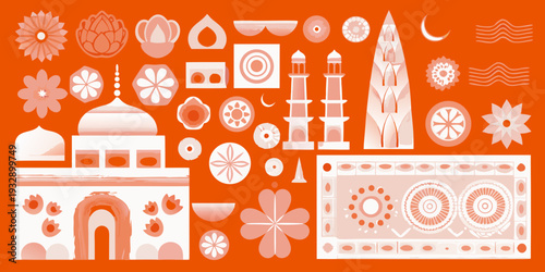 Stylized indian motifs and architectural elements in a monochromatic palette