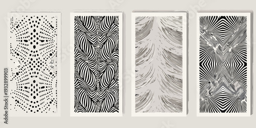 Four abstract black and white panels displaying optical illusion patterns