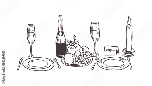 Elegant dinner table setting with champagne and fruit