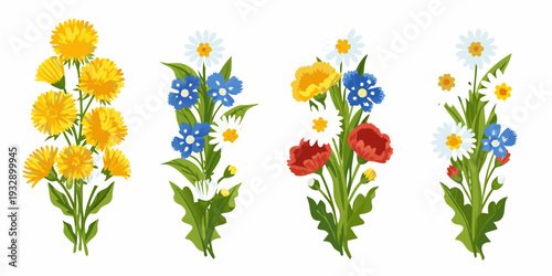 A colorful collection of wildflowers arranged in four distinct bouquets
