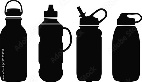 Reusable water bottle silhouettes set, sport hydration flask collection, eco friendly drink container vector illustration isolated background