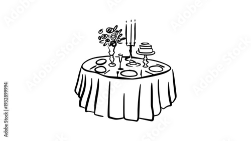 Elegant dinner table setting with cake and flowers