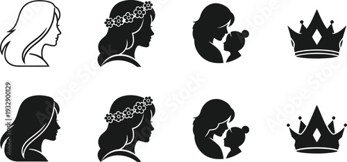 Icon bundle featuring elegant silhouette profiles and regal crowns