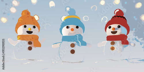 Three cheerful snowmen wearing colorful hats and scarves stand together