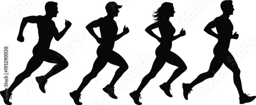 Black silhouette vector set of active men and women running and jogging in athletic poses for fitness and sports training isolated on white background