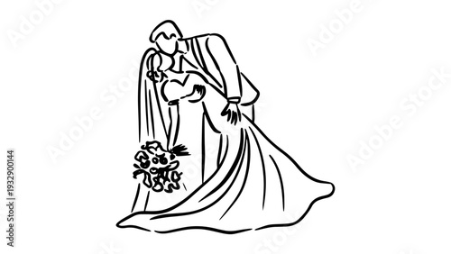 Elegant bride holding bouquet in beautiful wedding dress