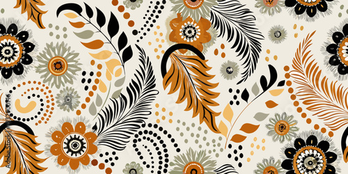 A vibrant seamless floral pattern with stylized botanical elements