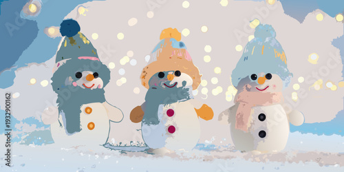 Three cheerful snowmen wearing colorful winter hats stand in the snow