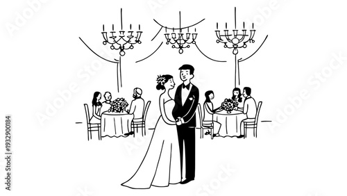 Elegant wedding couple dancing at luxurious reception