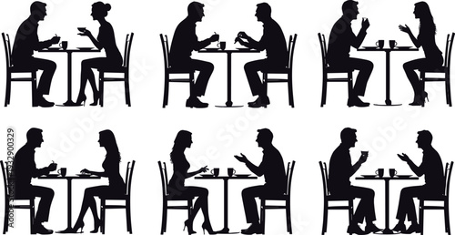 Black silhouette vector set of various couples sitting at cafe tables drinking coffee and talking during a romantic date isolated on white background