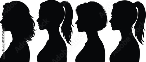 Black silhouette vector set of four female profiles featuring various hairstyles including long wavy hair ponytail and short bob haircut isolated on white background