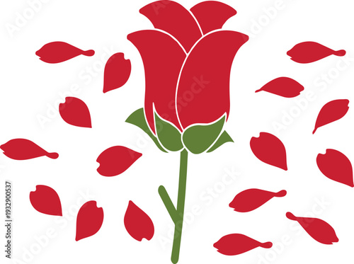 A single red rose with green leaves and stem is depicted centrally on a white background surrounded by scattered red petal shapes