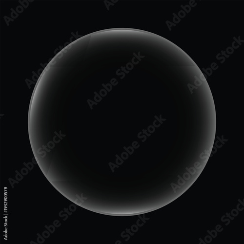 A single transparent spherical bubble with subtle light reflections and a soft gradient of gray and white against a stark black background representing a