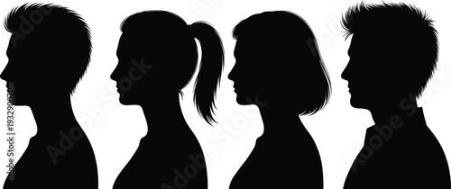 Black silhouette vector collection of young men and women profile head shots featuring various hairstyles and trendy haircuts isolated on a clean white background