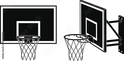 Black and white vector illustration of a wall mounted basketball hoop with backboard and net shown from front and side isometric perspectives isolated on white